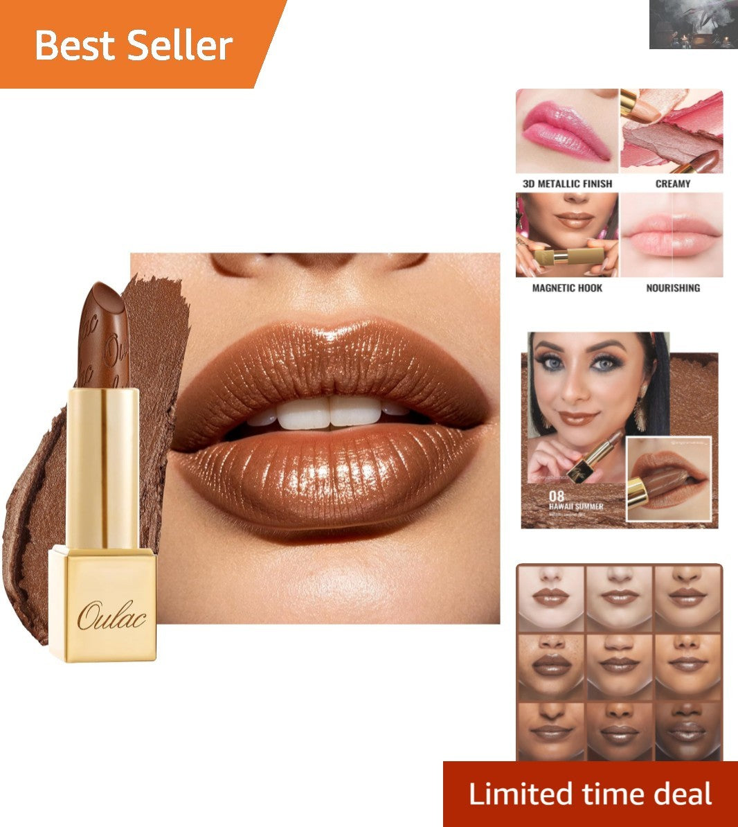 Dark Brown Lipstick with Glitter Finish - Hydrating, Long-Lasting Makeup