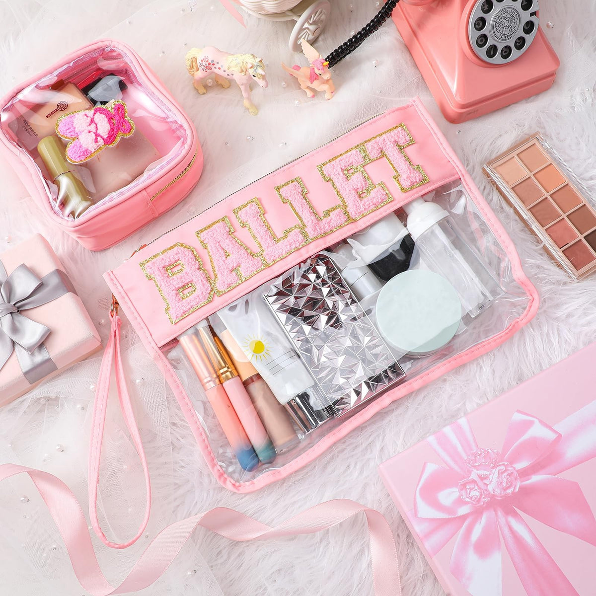 Ballet Themed Chenille Letter Bags – 2 Pcs Makeup & Toiletry Pouches, PVC Waterproof