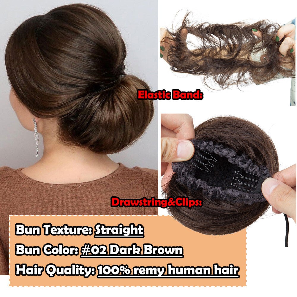 Real Human Hair Messy Bun Hairpiece Wrap On Updo with Drawstring & Clips