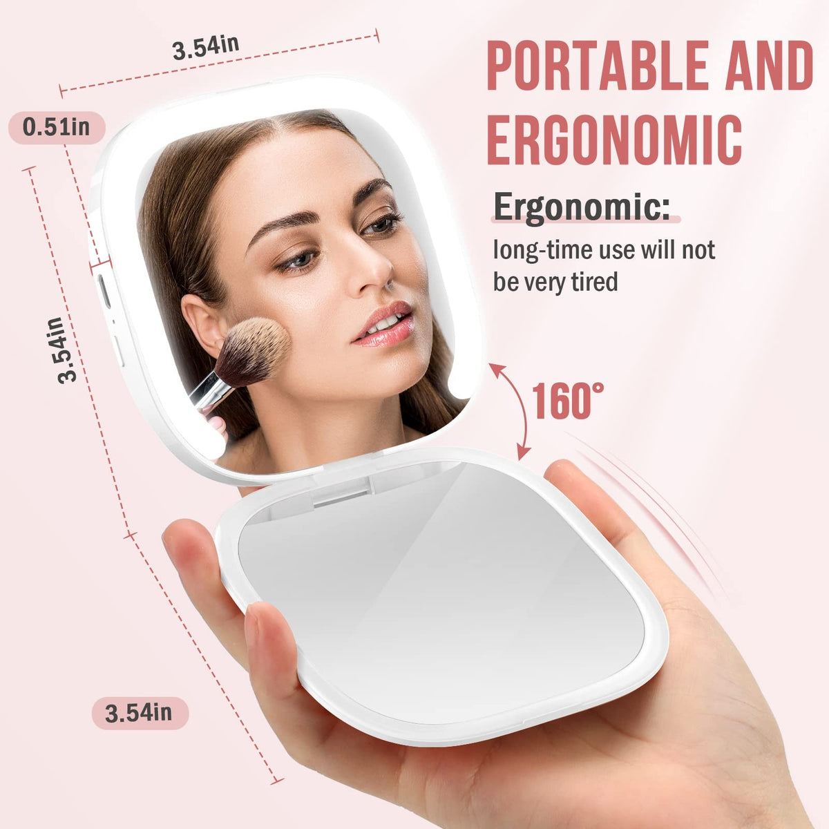Rechargeable LED Compact Makeup Mirror with 3X Magnification and Adjustable Light
