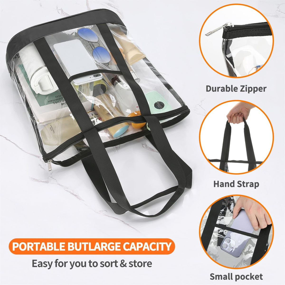 Large Waterproof Clear Makeup Travel Bag PVC Tote with Handles