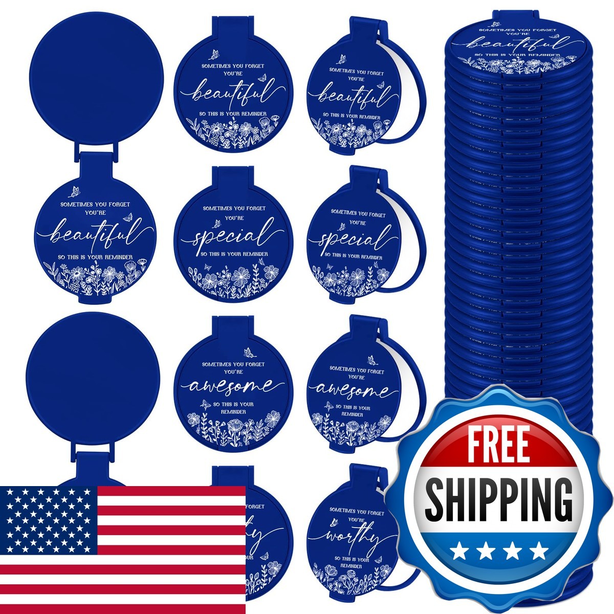 100 Pcs Blue Compact Mirror Set – Pocket Folding Makeup Mirrors with Messages