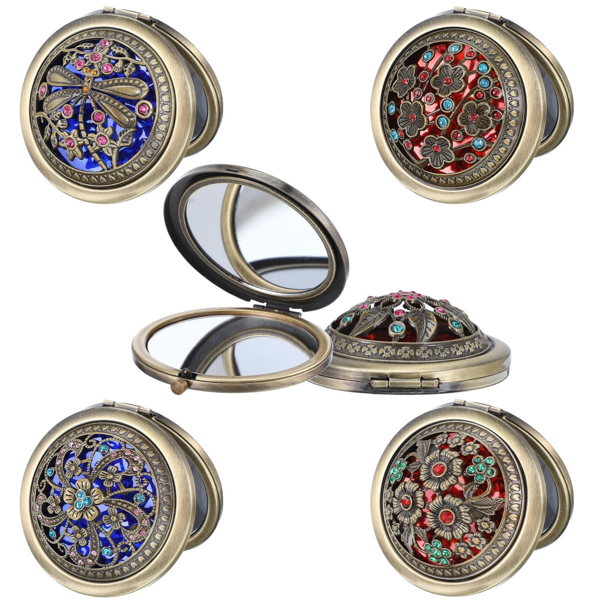 6 Pack Vintage Foldable Metal Travel Makeup Mirrors - Double Sided Compact