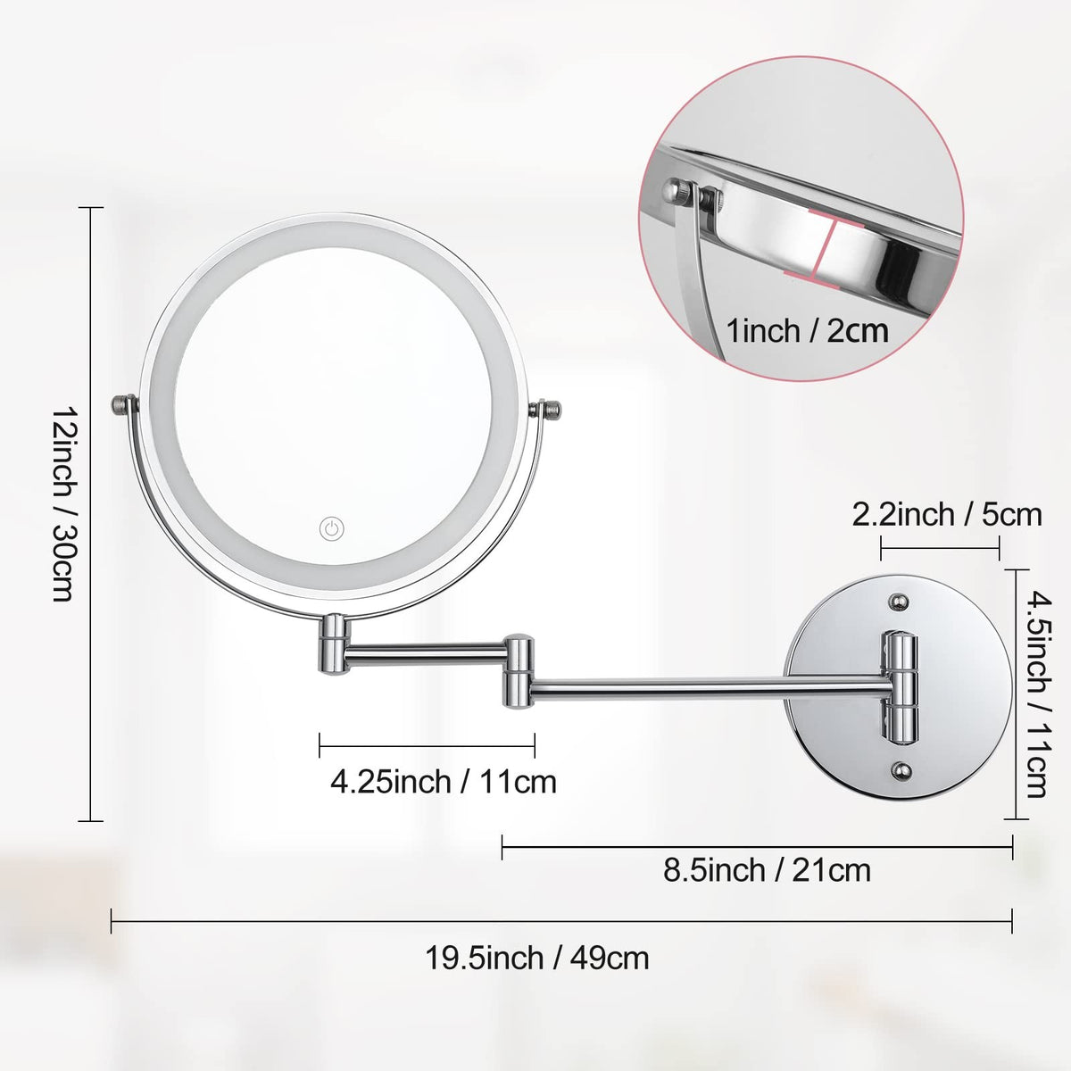 8-Inch LED Wall Mounted Makeup Mirror with 10X Magnification, Adjustable Brightness & 3 Color Modes
