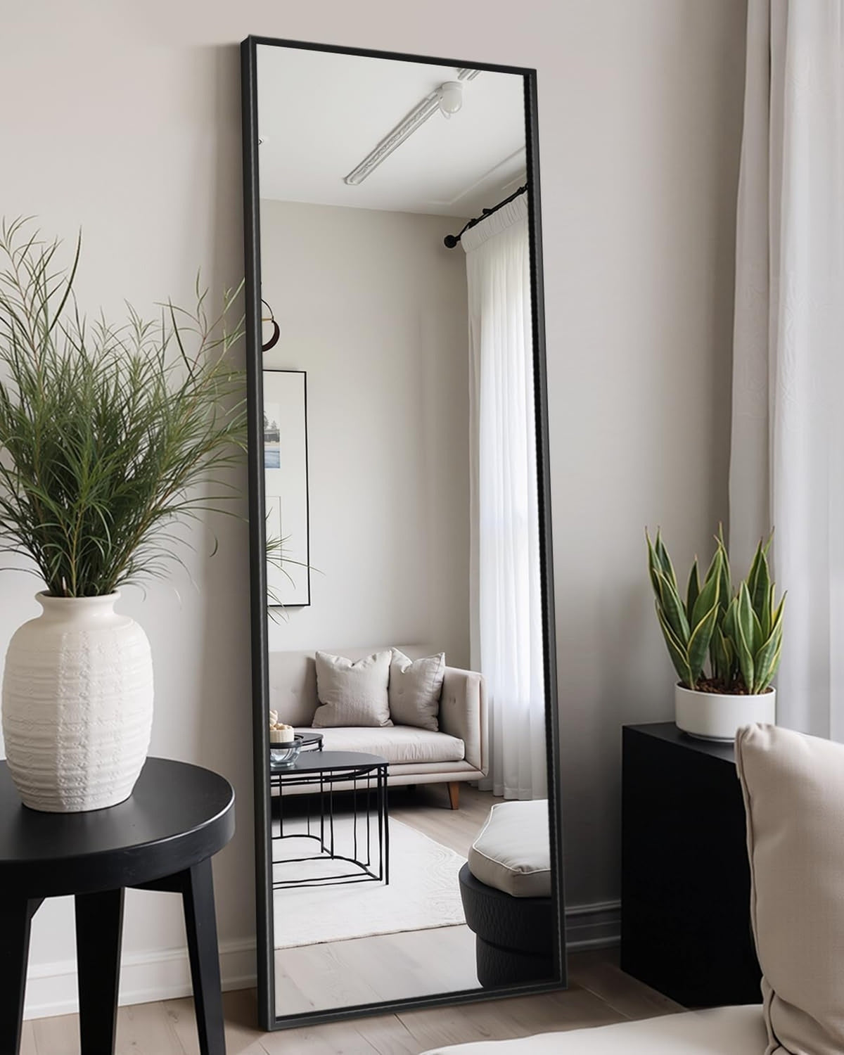 Full Length Floor Mirror 56 x 15 Inches with Aluminum Frame - Standing & Wall Mountable