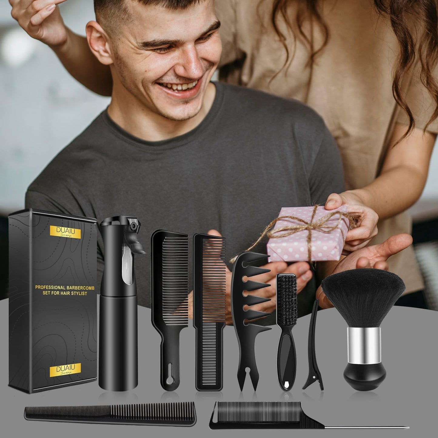 Professional Barber Hair Comb Set with Spray Bottle & Grooming Tools, 9 Pieces