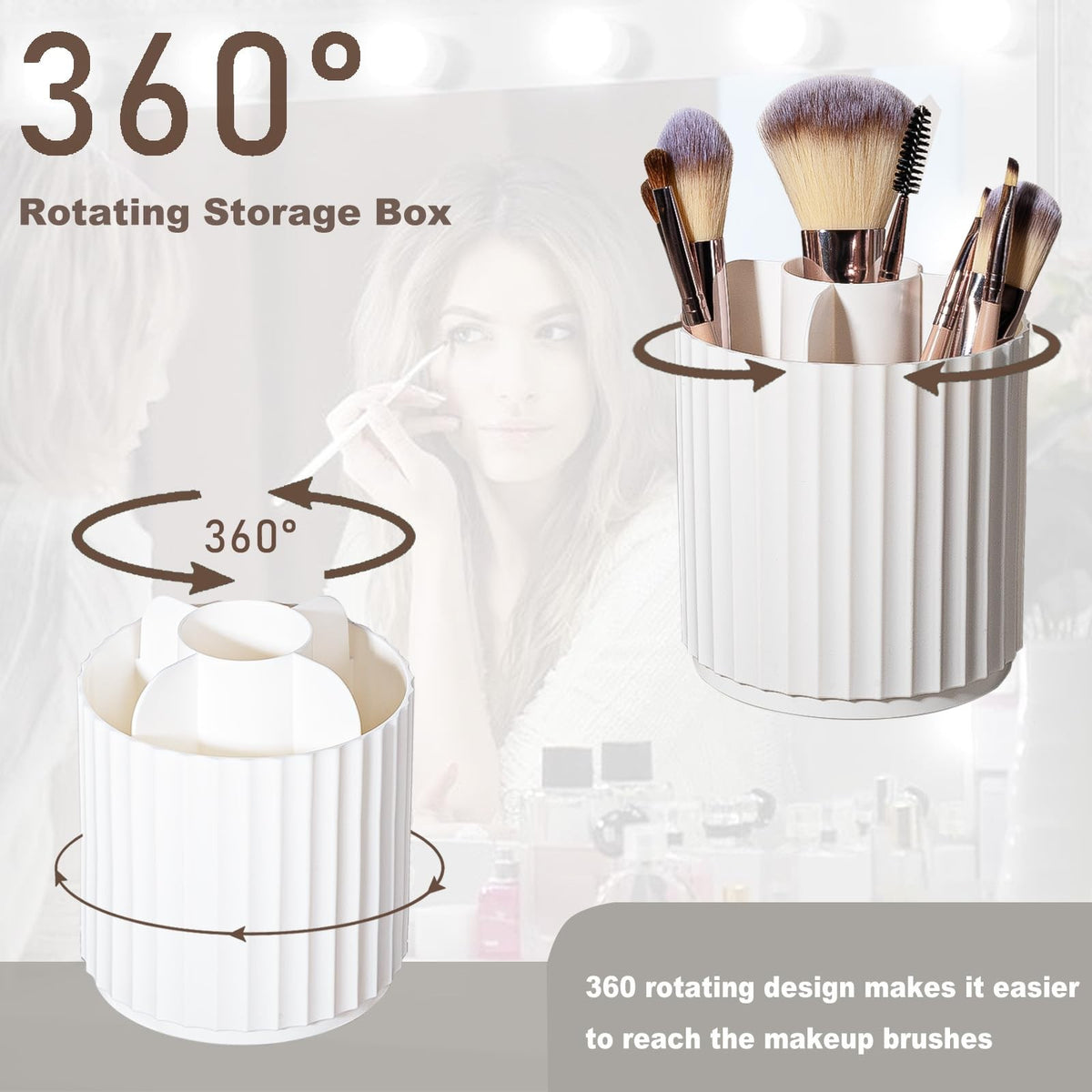360° Rotating Makeup Brush Organizer with Compartments - Spinning Cosmetics Storage