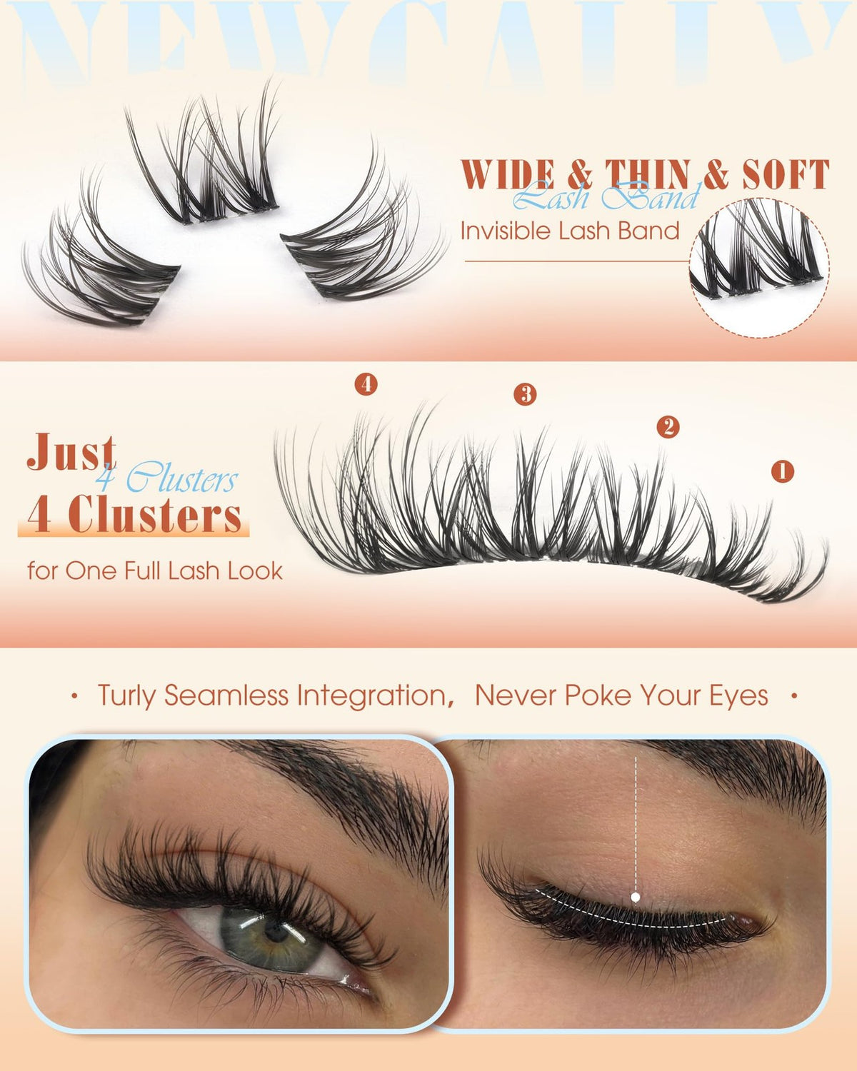Natural Wispy False Eyelash Clusters with Clear Band - Black, 8-16mm