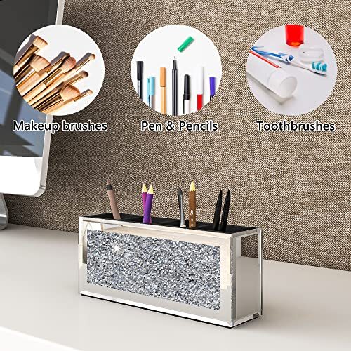 4 Slot Mirrored Makeup Brush Organizer Glass Storage Case with Crystals