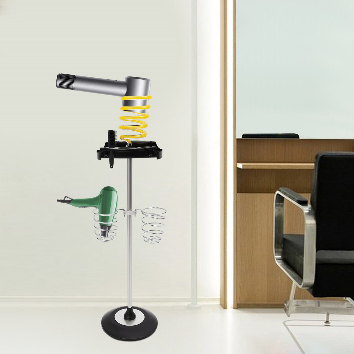 Freestanding Hair Dryer Stand with Tray & Spiral Holders - Yellow