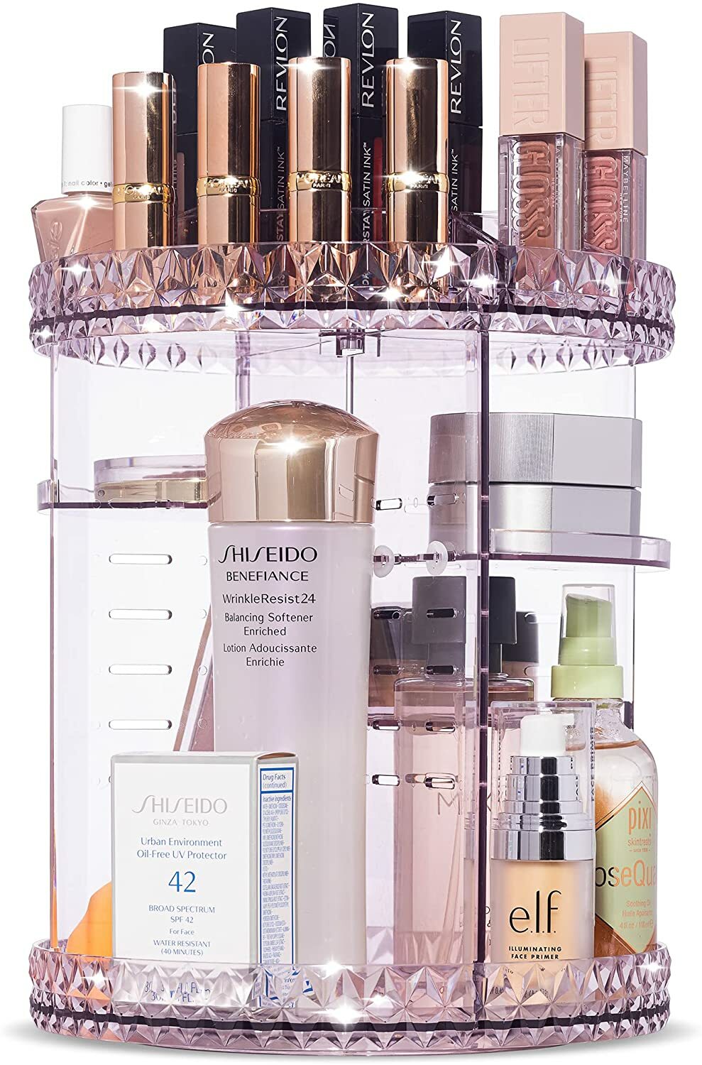 Rotating Makeup Organizer with Adjustable Shelves - 15 Slots, Clear or Pink