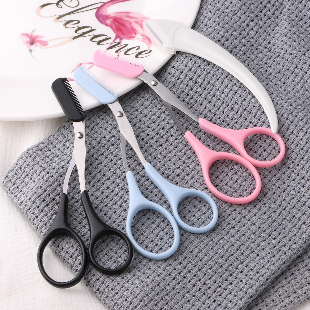Eyebrow Scissors with Comb and Razor – Professional Stainless Steel 3-Pack (Black, Pink, Blue)