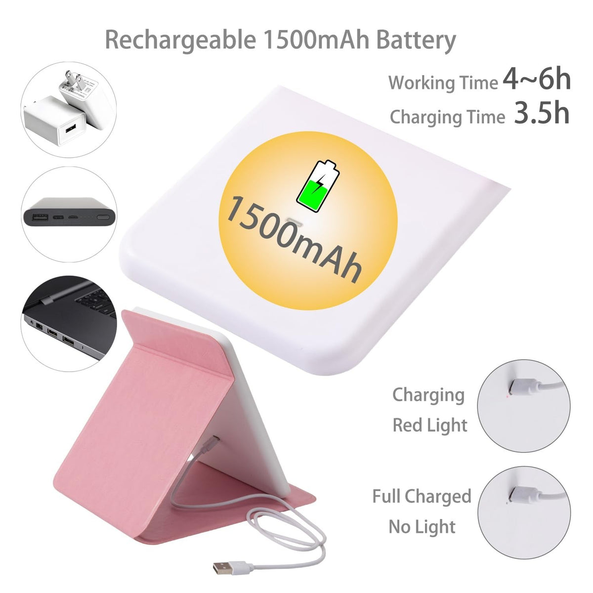 Travel Mirror with LED Lights, Dimmable & Rechargeable, Pink