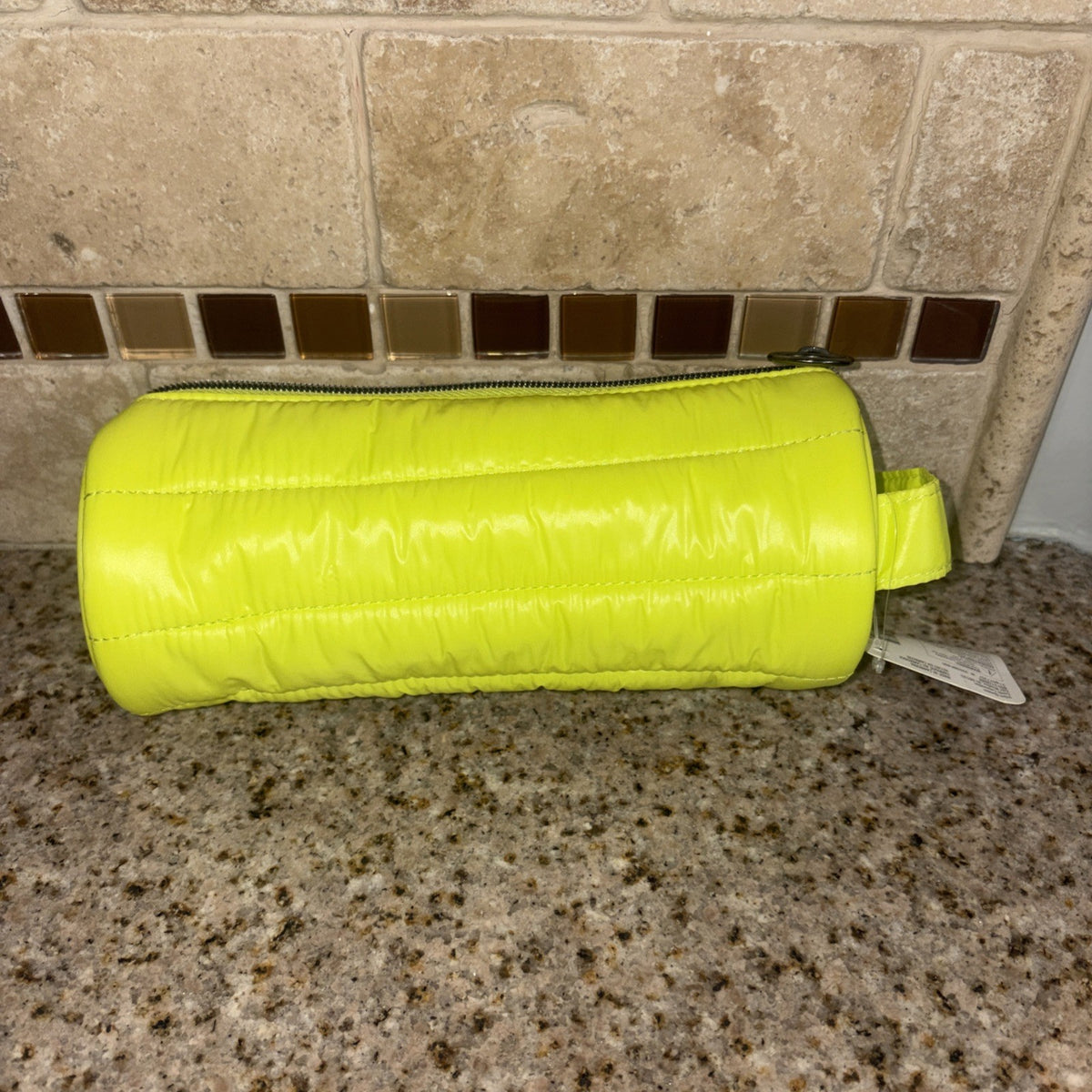 Neon Yellow Lime Quilted Makeup Bag - Travel & Gym Accessory, 8.5" x 3.75"