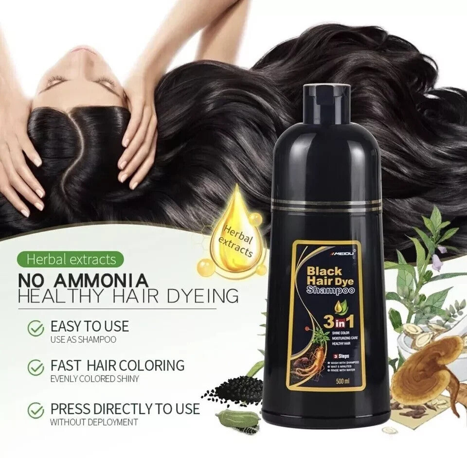 3-in-1 Hair Color Dye Shampoo - Black/Dark Brown, 500ml