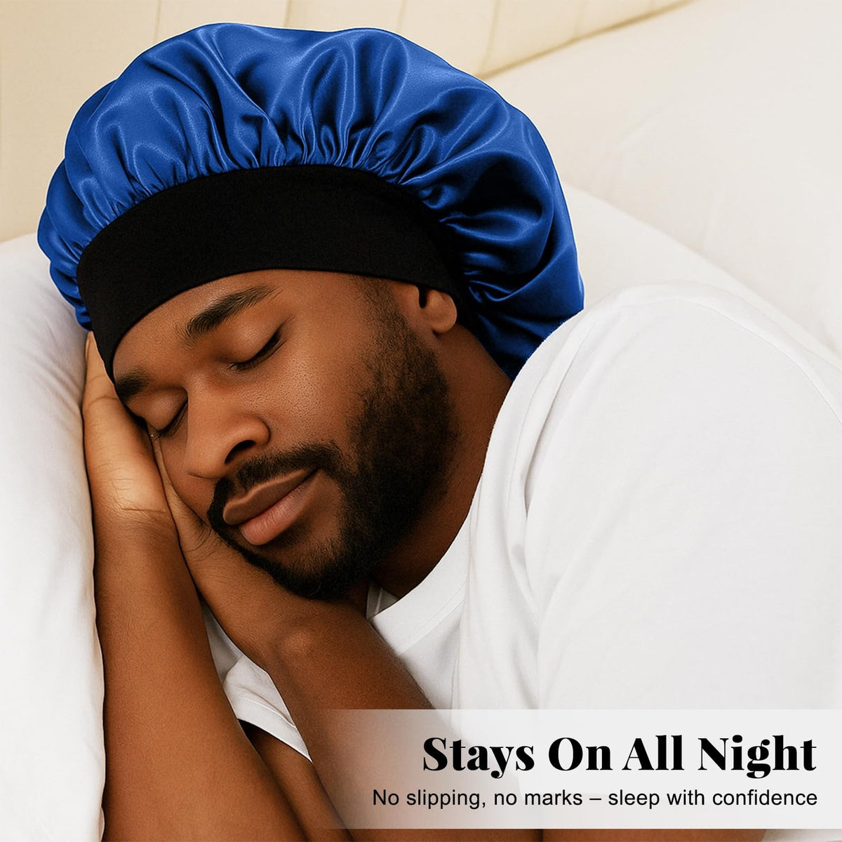 ZHENSILK 2PCS Silk Satin Bonnet for Men 14.2 Inch, Color-a Black+blue