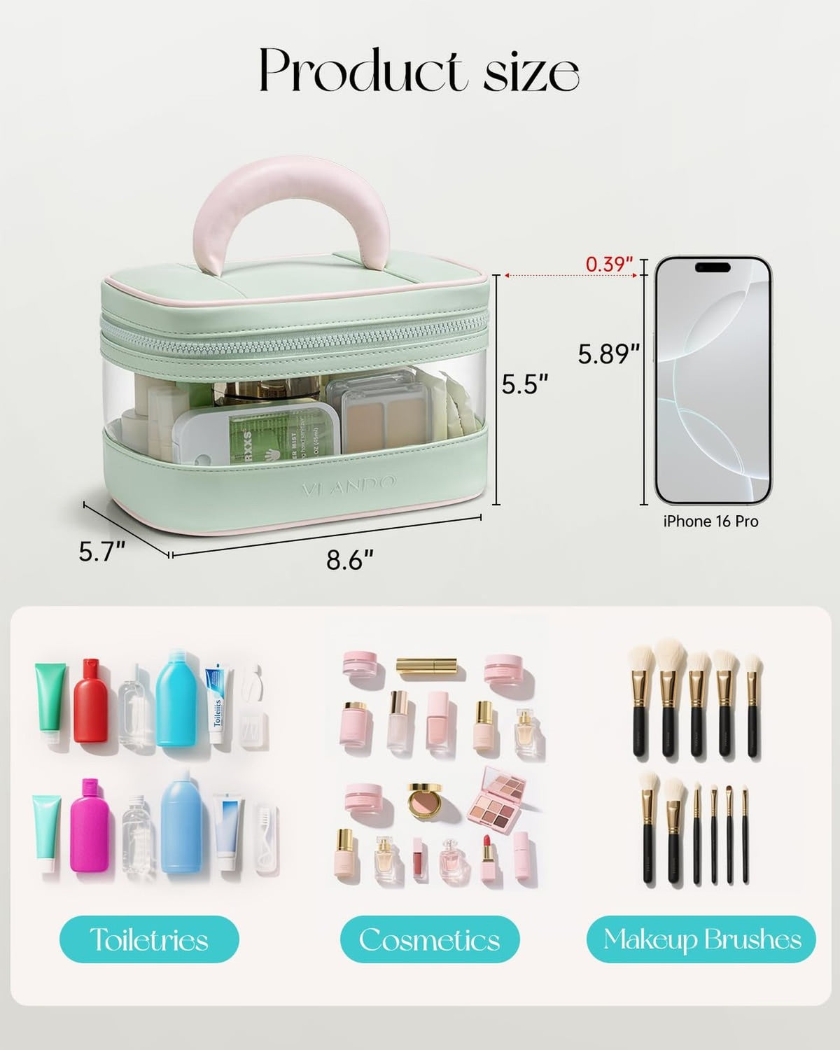 Large Waterproof Travel Makeup Bag for Women and Girls - Mint Green