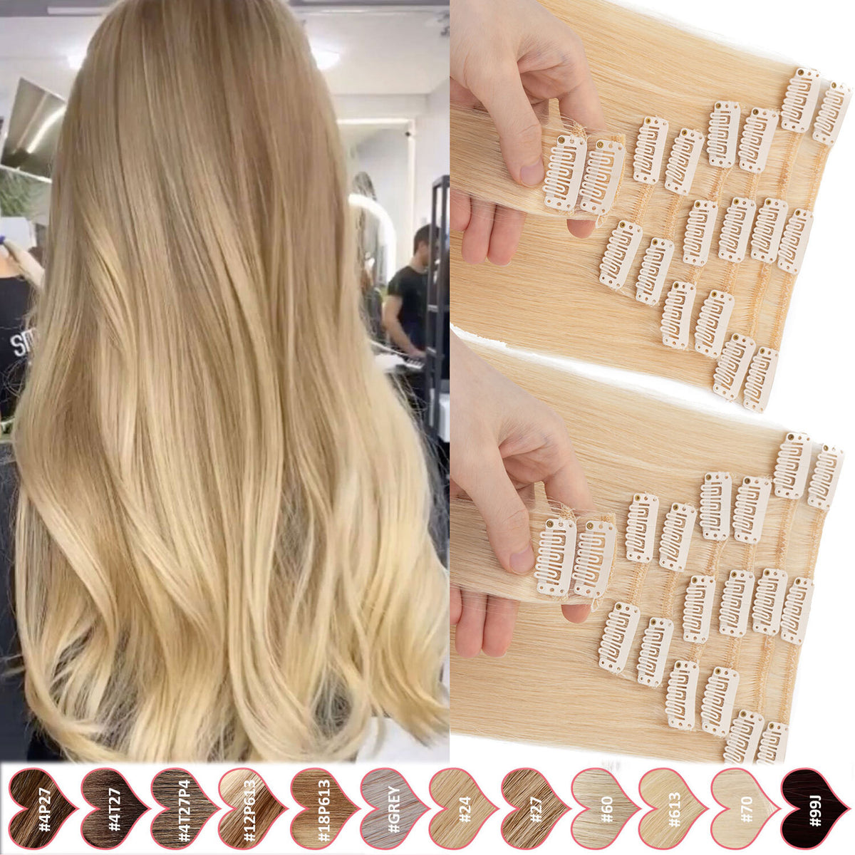 Clip-In Hair Extensions Full Head Set - Remy Human Hair, Multiple Colors & Lengths