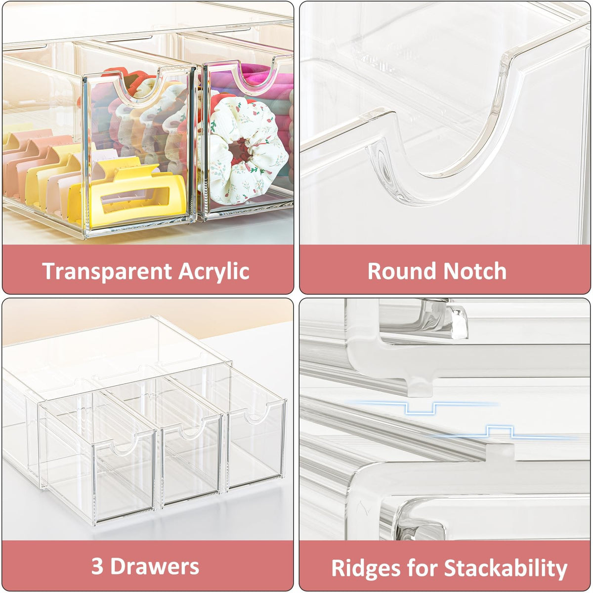 Clear Acrylic Hair Accessories Organizer with 3 Stackable Drawers for Girls
