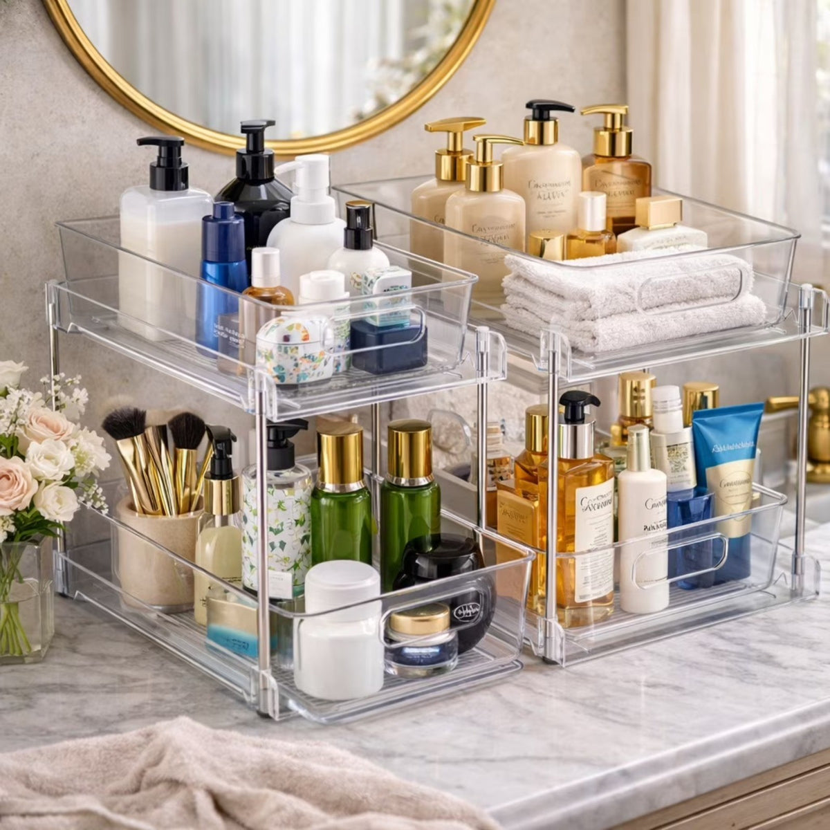 2-Pack Clear 2-Tier Pull-Out Vanity Makeup Storage Drawers