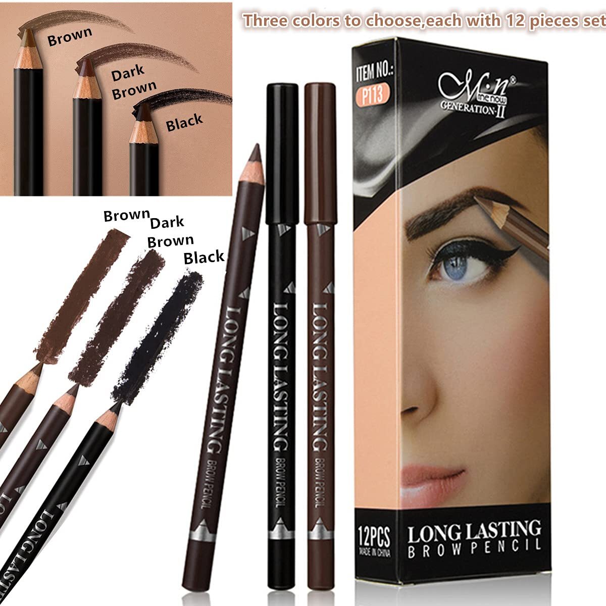 12 Pack Dark Brown Eyebrow Pencil & Gel Set - Sweatproof, Easy to Use