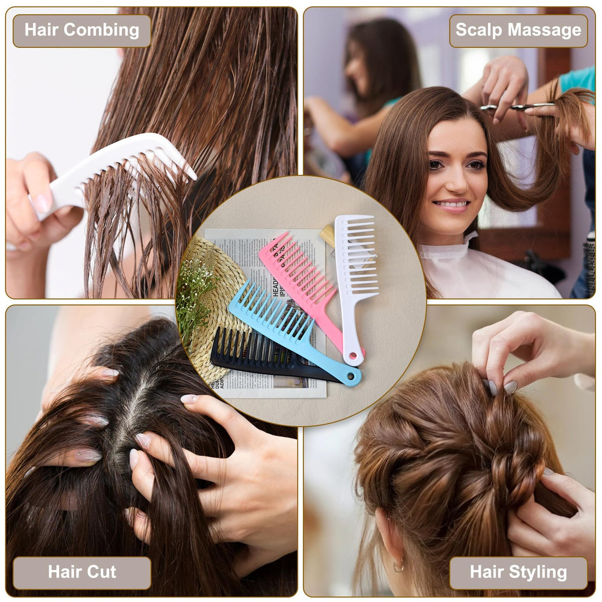4 Pieces Wide Tooth Comb Set for Hair Care - Black & White, Professional Styling Tool