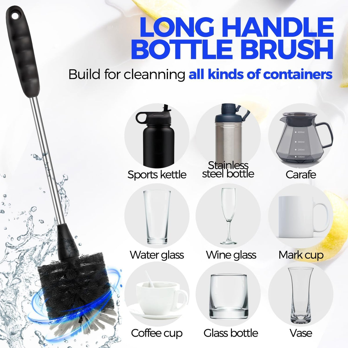 14-Inch Stainless Steel Bottle Brush Set with Long Handle & Straw Cleaners