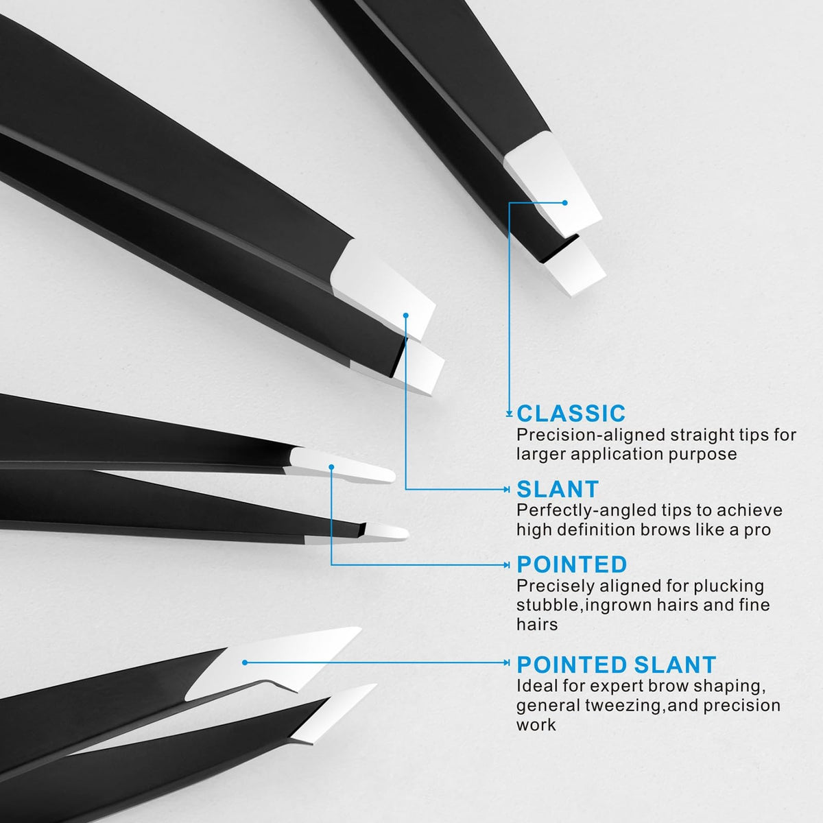 Professional Stainless Steel Tweezers Set - 4 Piece Travel Kit, Black