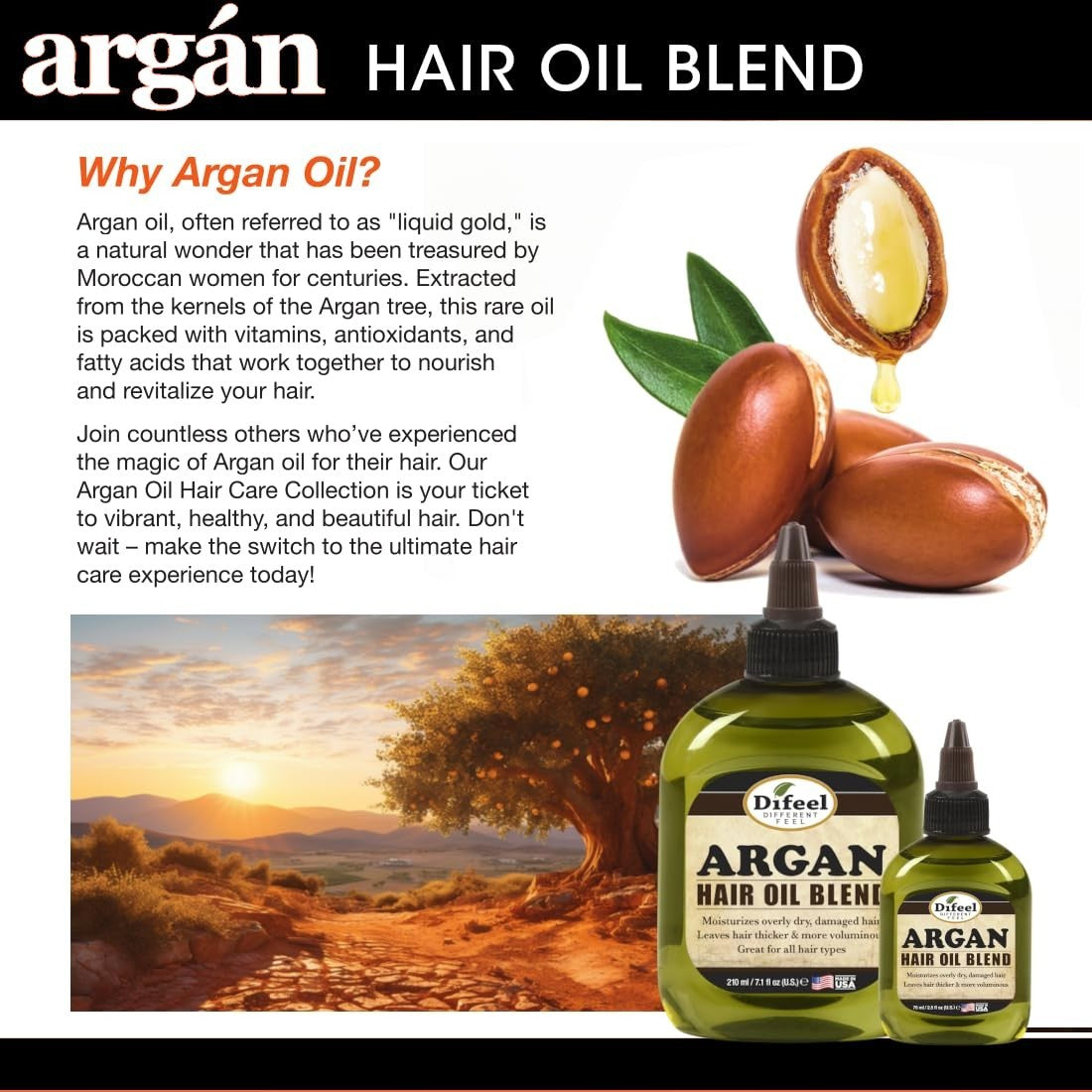 Natural Hair Oil with Argan Oil - 2.5oz Dual Pack for Dry & Damaged Hair