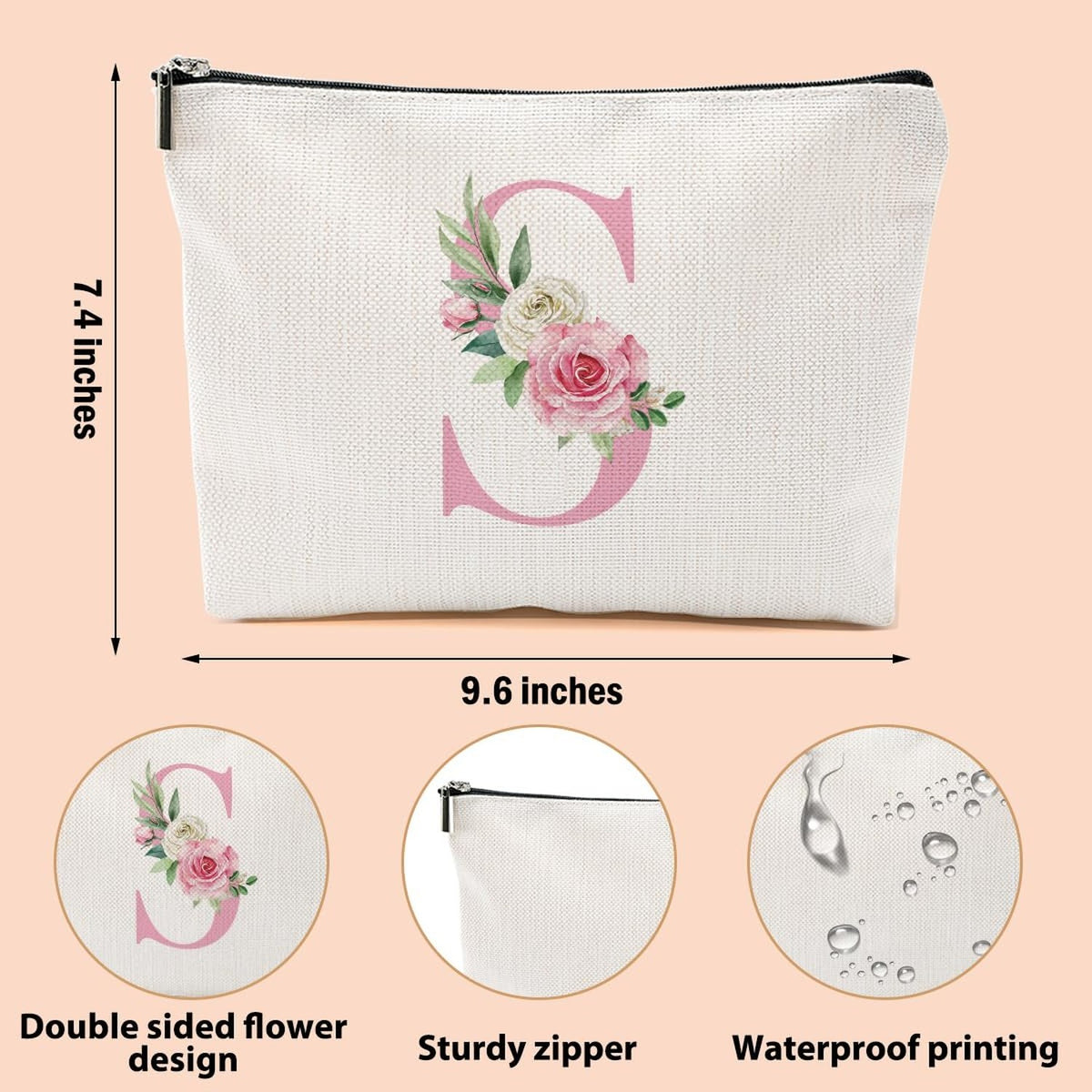 Pink Monogram Makeup Bag with Initial S - Personalized Travel Cosmetic Pouch