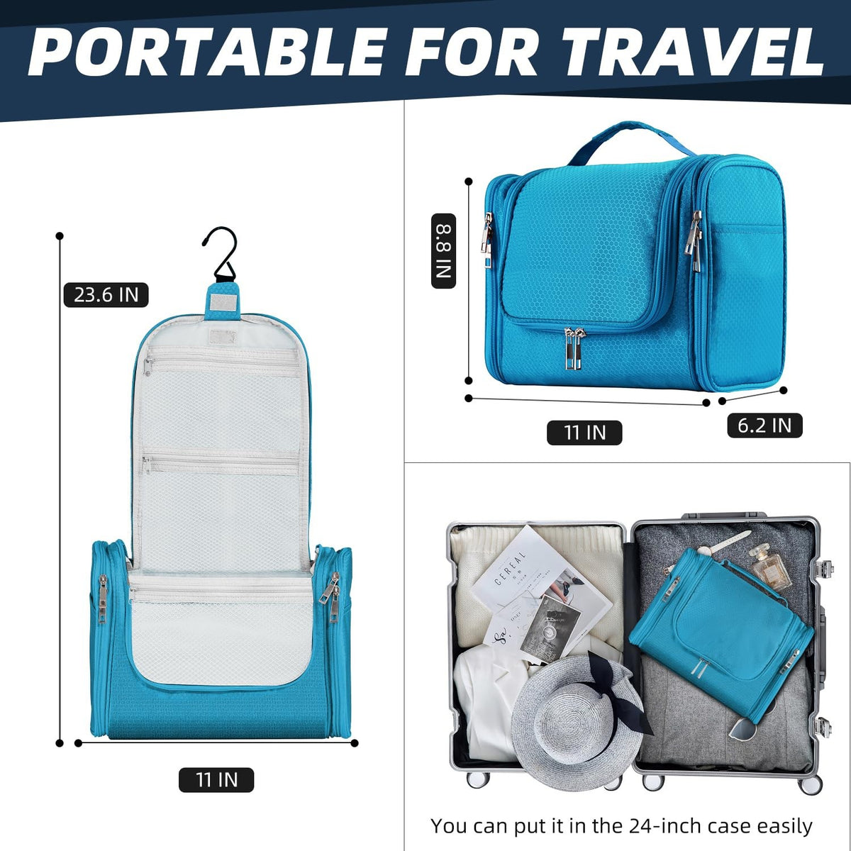 Light Blue Hanging Toiletry Bag Water-Resistant Nylon Travel Organizer