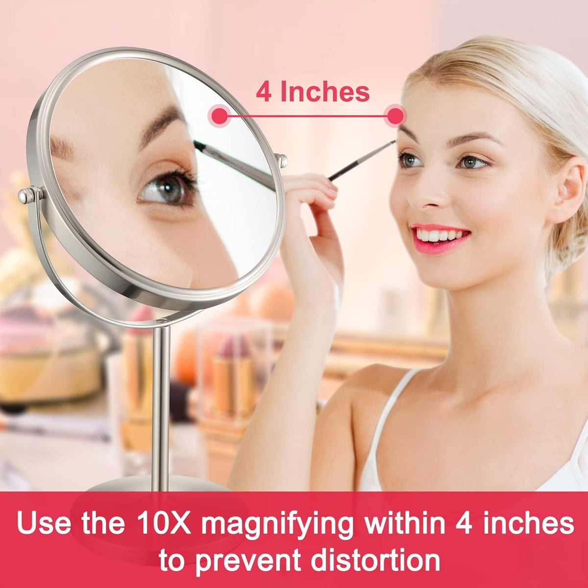 8 Inch Double-Sided Makeup Mirror with 1X/10X Magnification, Tabletop, Detachable Base