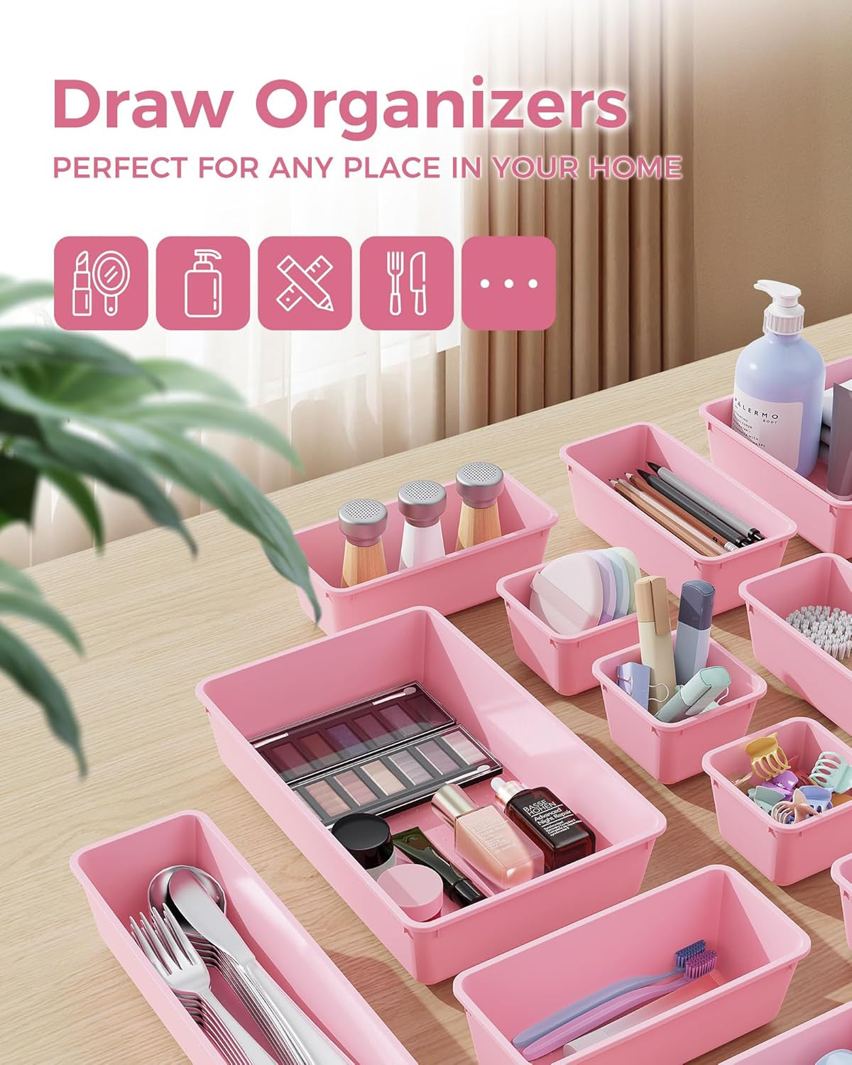 25-Piece Plastic Drawer Organizer Set with 4 Sizes for Vanity, Makeup, Office & Kitchen Storage
