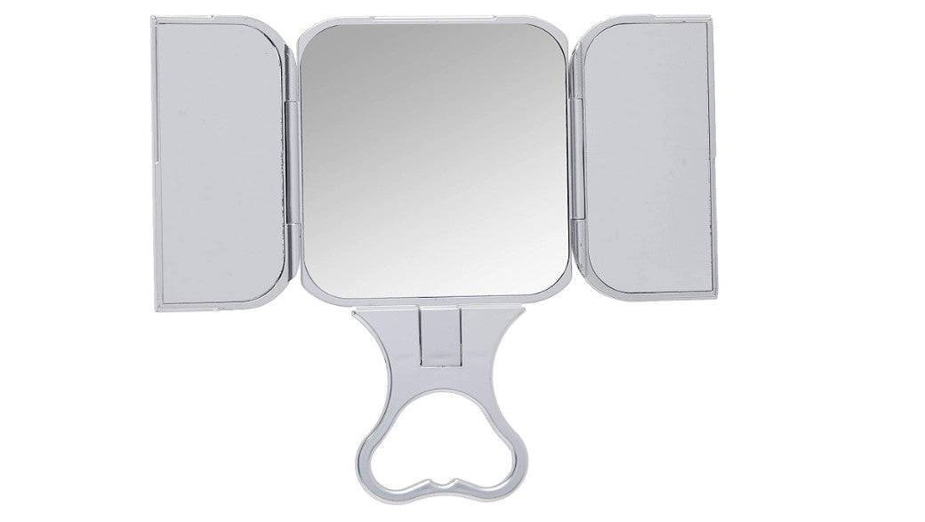 Tri-Fold Handheld Makeup Mirror with 3-Way Viewing - Compact Silver Vanity Mirror