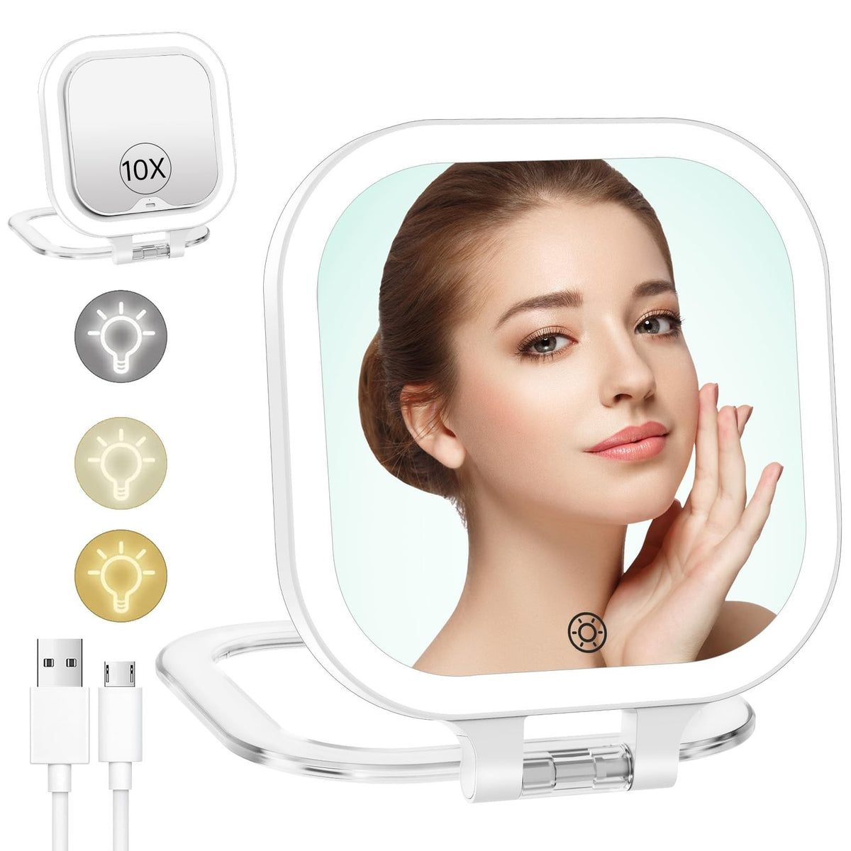 Rechargeable 10X Magnification Travel Makeup Mirror with LED Light