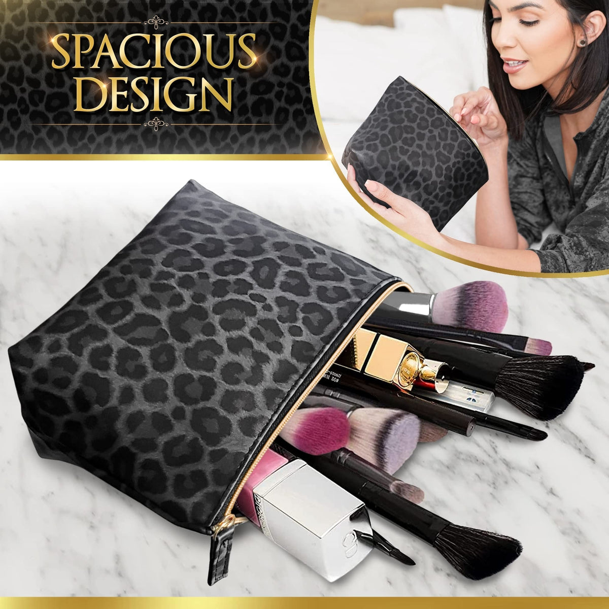 Vegan Leather Leopard Print Makeup Bag for Travel & Purse - Small Cosmetic Organizer
