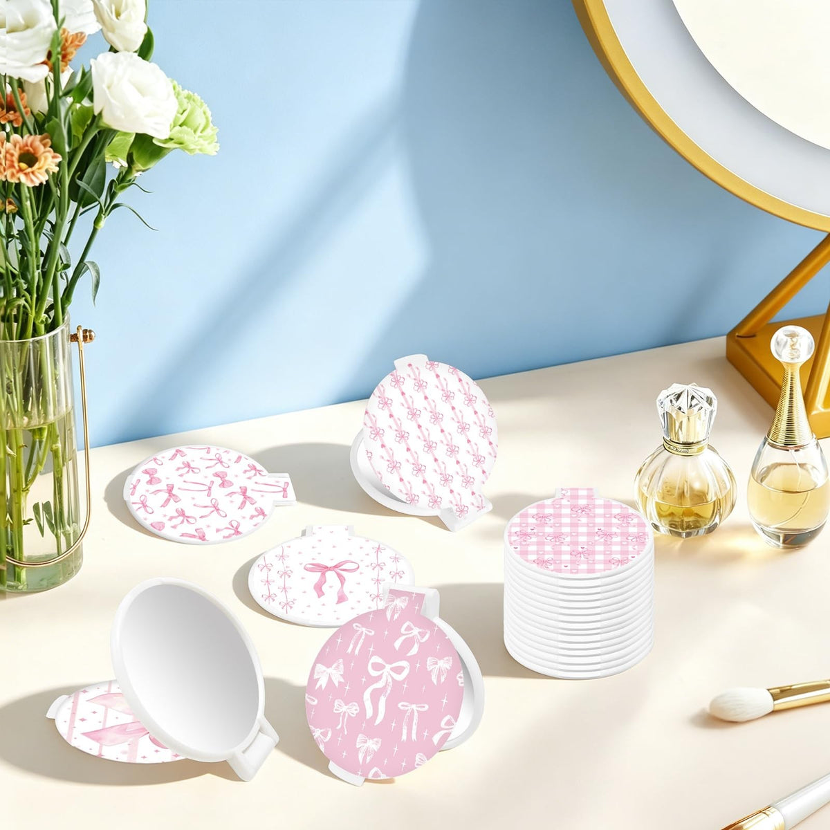 Pink Bow Compact Mirror Set - Small Portable Pocket Makeup Mirrors Bulk 50 pcs