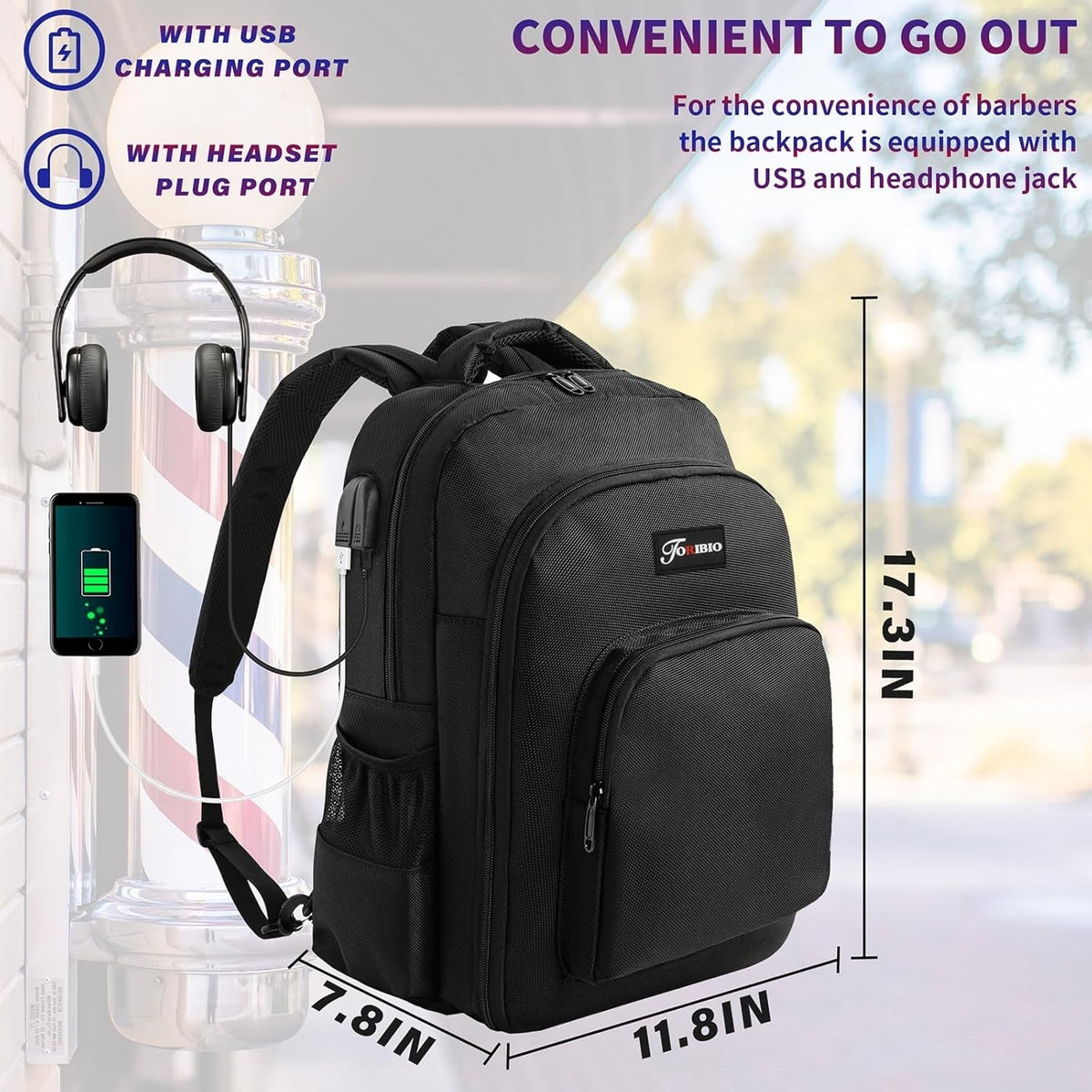 Professional Barber Supplies Backpack - Water Resistant, Large Capacity, USB Charging