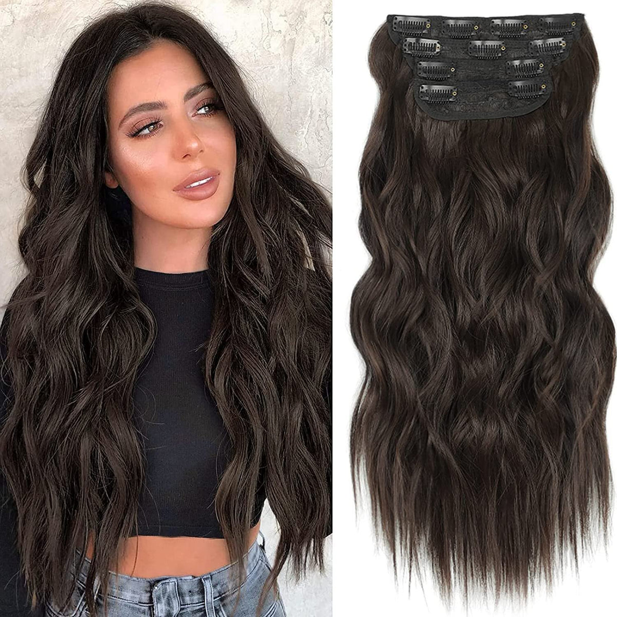 4PCS Clip-In Wavy Hair Extensions Long Synthetic Weft - Natural Blonde to Brown