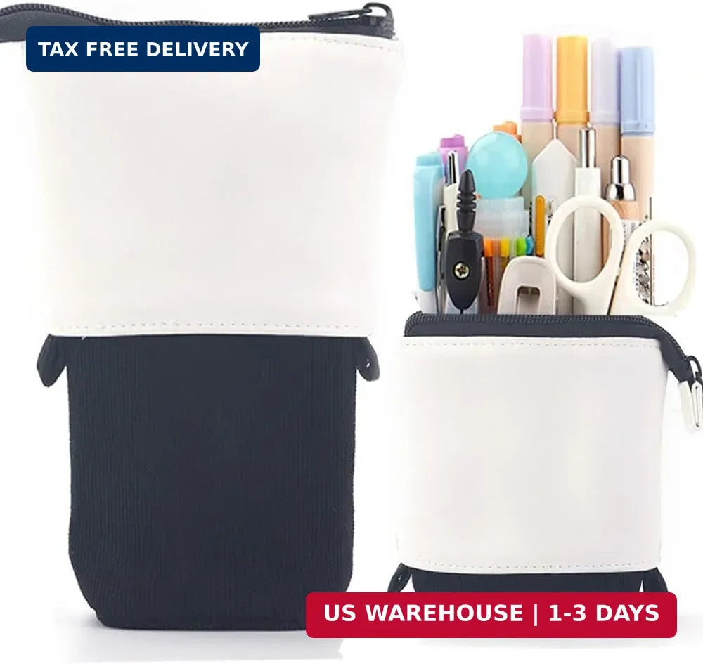 Retractable Pencil Bag Pen Organizer with PU Corduroy Stand-up Design