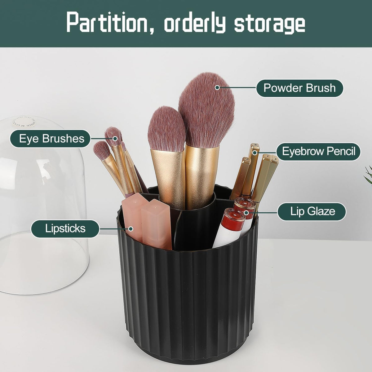 Rotating Makeup Brush Holder Organizer with Lid - 360° Spinning Cosmetics Storage