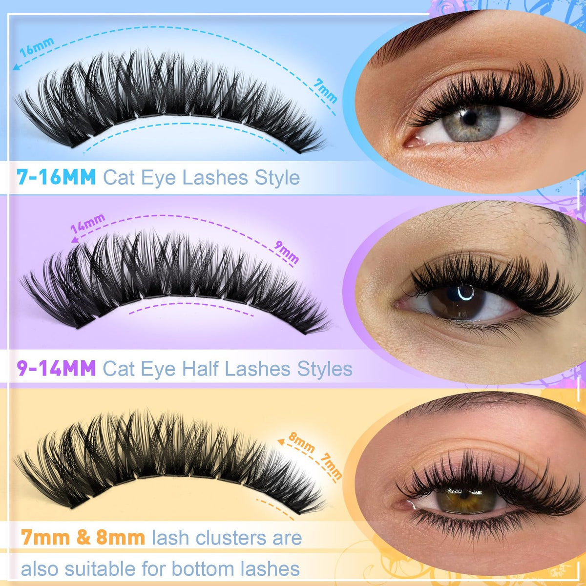 Individual Lash Clusters 320 Pcs Black Cat Eye Style Eyelash Extensions