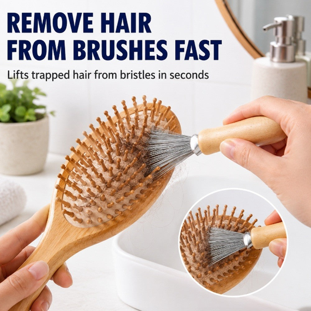 Hair Brush Cleaner Tool Metal Rake with Wooden Handle for Hair and Lint Removal