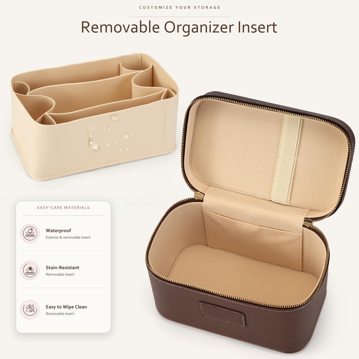 Waterproof Leather Makeup Bag with Removable Divider & Smart Organization