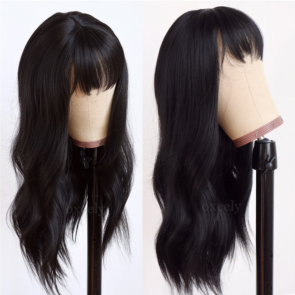 Long Wavy Black Cosplay Wig with Bangs - Heat Resistant Synthetic Hair