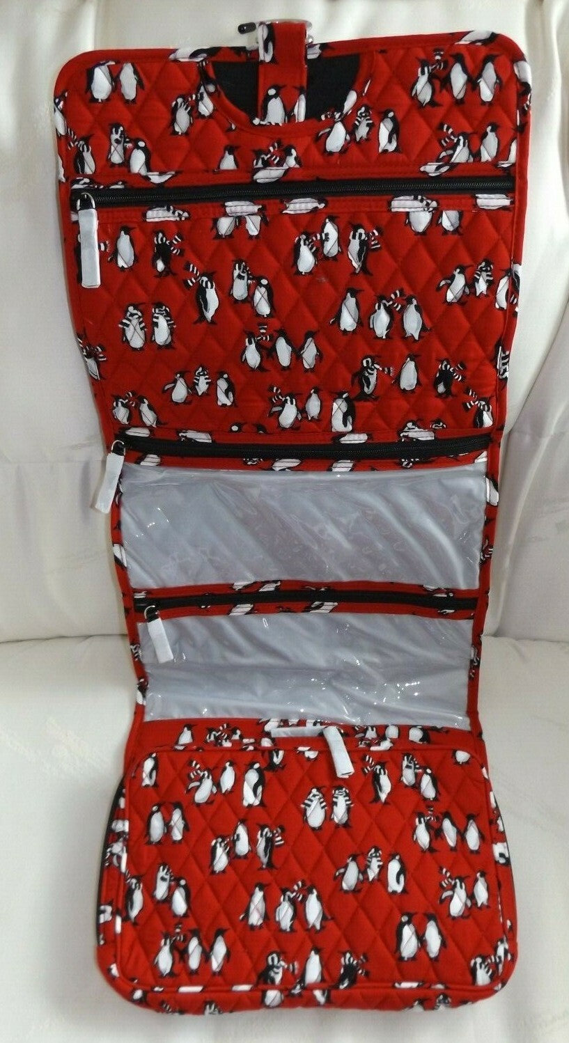 Travel Cosmetic Organizer Bag Hanging Travel Case with Multiple Compartments - Playful Penguins Red