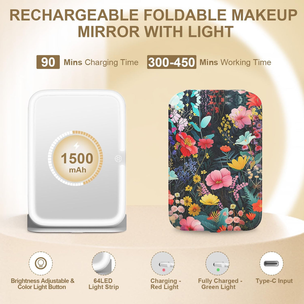 Travel LED Makeup Mirror with Lights, 360° Rotation, 10x Magnification, Dimmable 3-Color Touch Screen, Portable Flower Design