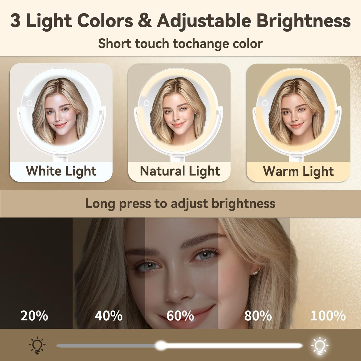 LED Lighted Dual-Sided Makeup Mirror 1X/10X with Brightness & Color Control