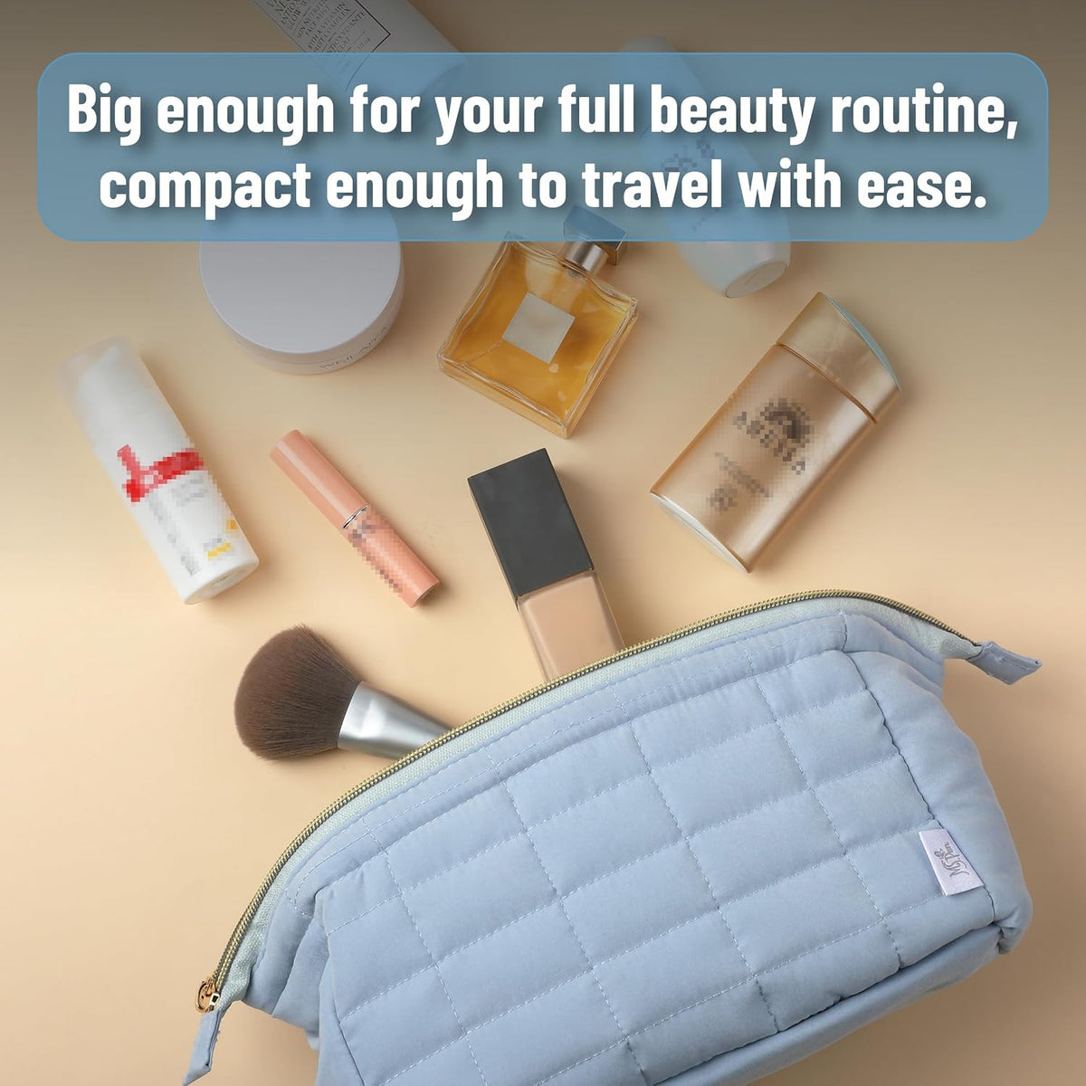 Dusty Blue Aesthetic Quilted Makeup Bag for Women by Ms. Pen