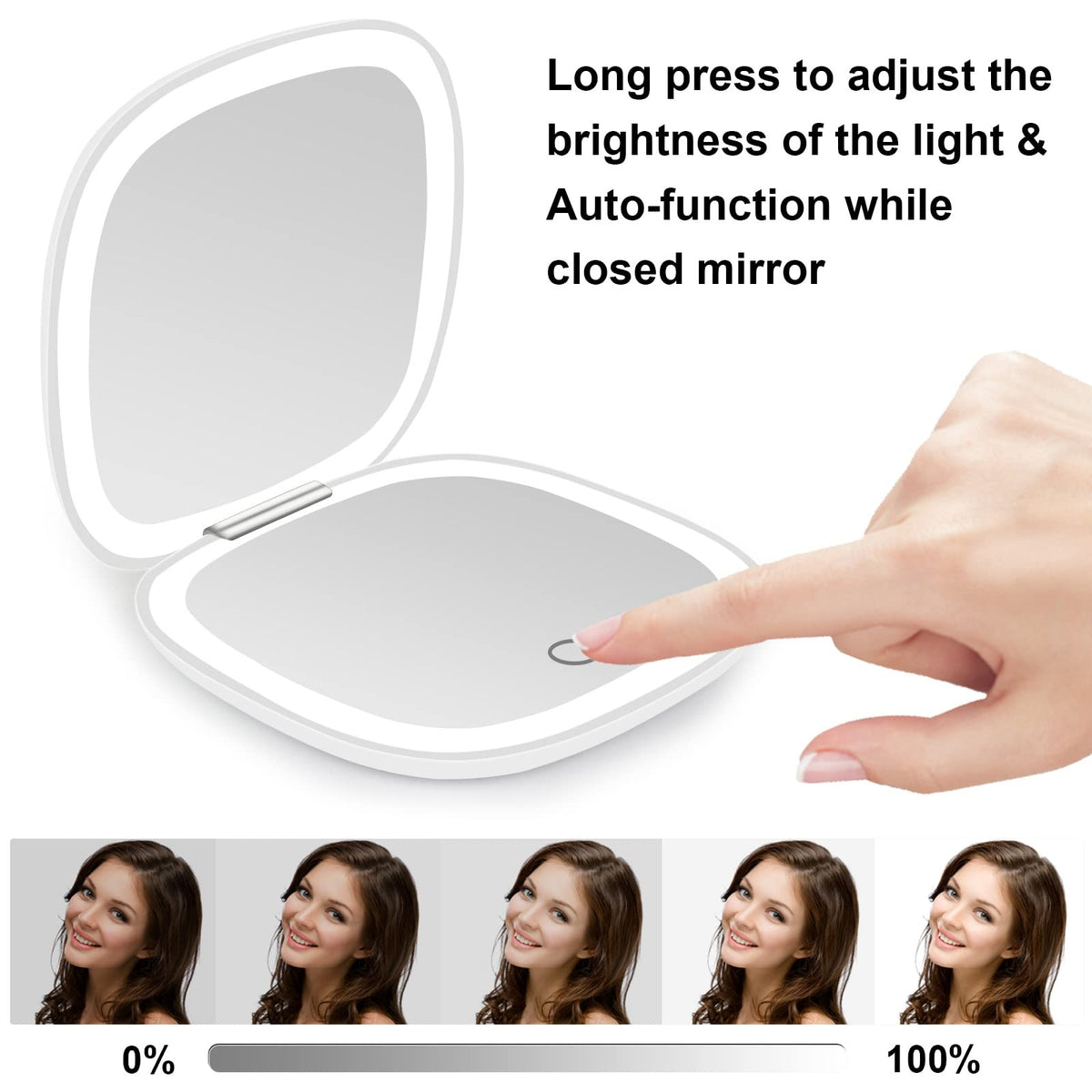 Rechargeable Lighted Compact Makeup Mirror with 1X/10X Magnification and Dimmable LED Lights